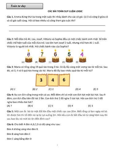 Bài tập Toán tư duy Lớp 2 - Tuần 3 - Các bài toán suy luận logic