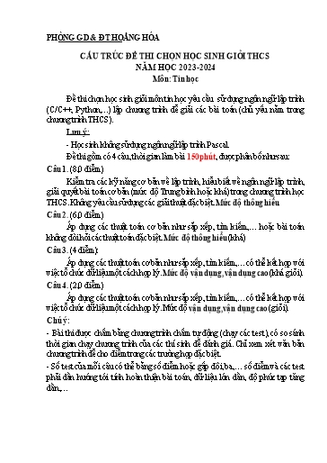 Cấu trúc đề thi chọn học sinh giỏi THCS môn Tin học - Năm học 2023-2024 - Phòng GD&ĐT Hoằng Hóa