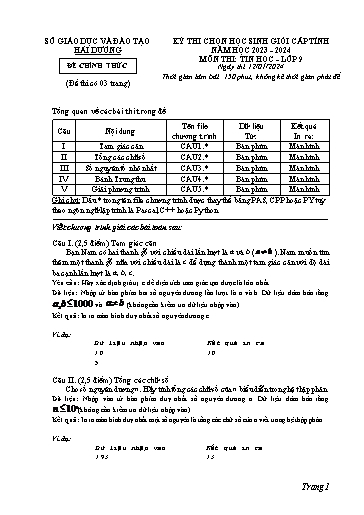 Đề thi chọn học sinh giỏi cấp tỉnh Tin học Lớp 9 - Năm học 2023-2024 - Sở GD&ĐT Hải Dương