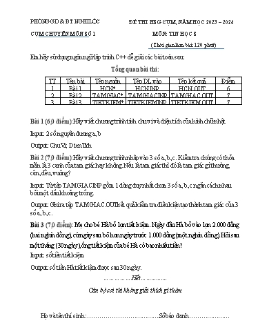 Đề thi học sinh giỏi cụm chuyên môn số 1 Tin học Lớp 8 - Năm học 2023-2024 - Phòng GD&ĐT Nghi Lộc (Có đáp án)