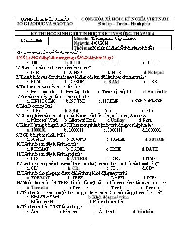 Đề thi học sinh giỏi Tin học trẻ Tiểu học - Năm học 2013-2014 - Sở GD&ĐT Đồng Tháp (Có đáp án)