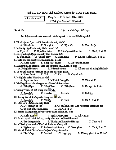 Đề thi Tin học trẻ không chuyên Tiểu học - Bảng A - Năm học 2006-2007 - Sở GD&ĐT Nam Định (Có đáp án)