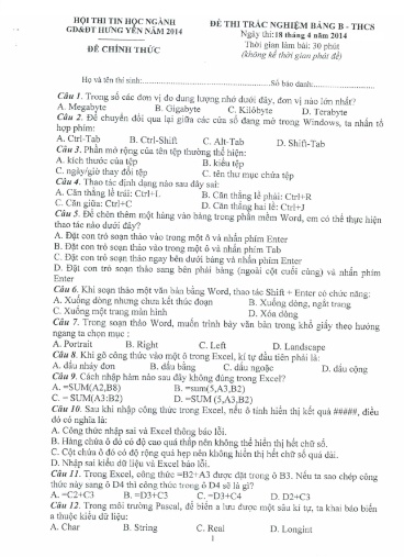 Đề thi Tin học trẻ THCS - Bảng B - Phần: Lý thuyết - Năm học 2013-2014 - Sở GD&ĐT Hưng Yên (Có đáp án)