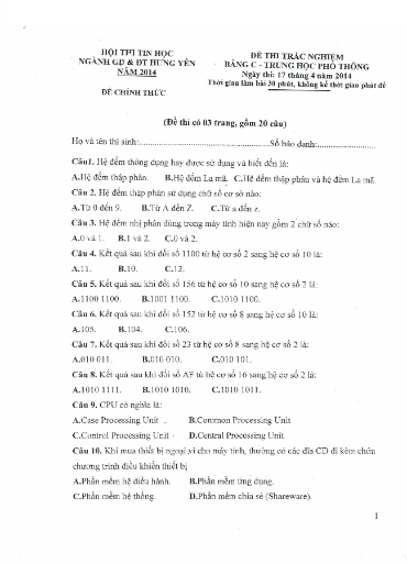 Đề thi Tin học trẻ THPT - Bảng C - Phần: Lý thuyết - Năm học 2013-2014 - Sở GD&ĐT Hưng Yên (Có đáp án)