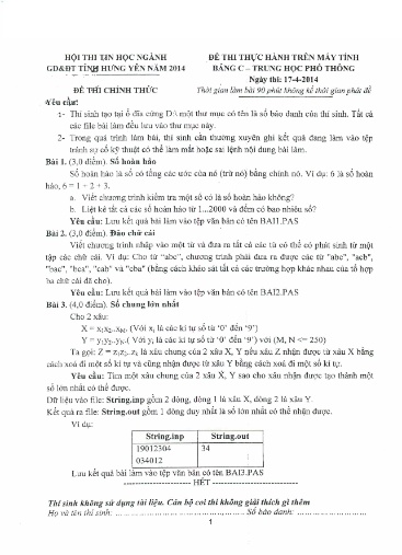 Đề thi Tin học trẻ THPT - Bảng C - Phần: Thực hành - Năm học 2013-2014 - Sở GD&ĐT Hưng Yên (Có đáp án)