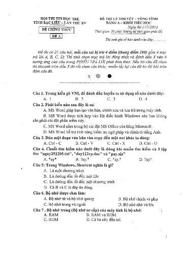 Đề thi Tin học trẻ Tiểu học - Bảng A - Đề A - Phần: Lý Thuyết - Năm học 2012-2013 - Sở GD&ĐT Bạc Liêu