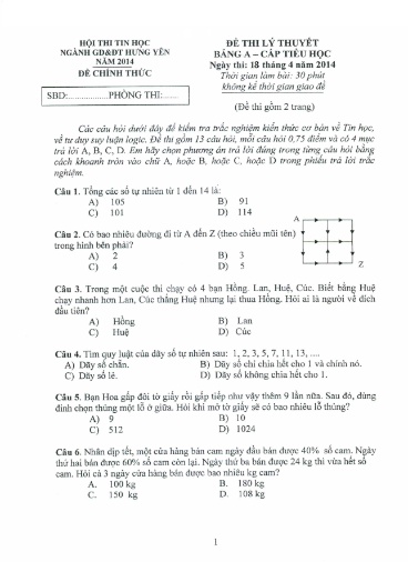 Đề thi Tin học trẻ Tiểu học - Bảng A - Phần: Lý thuyết - Năm học 2013-2014 - Sở GD&ĐT Hưng Yên (Có đáp án)