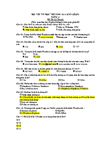 Đề thi Tin học trẻ Tiểu học - Bảng A - Phần: Lý thuyết - Năm học 2015-2016 - Phòng GD&ĐT Tân Bình (Có đáp án)