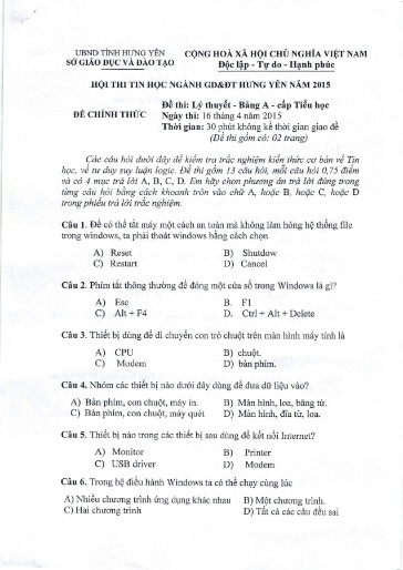 Đề thi Tin học trẻ Tiểu học - Bảng A - Phần: Lý thuyết - Năm học 2014-2015 - Sở GD&ĐT Hưng Yên (Có đáp án)