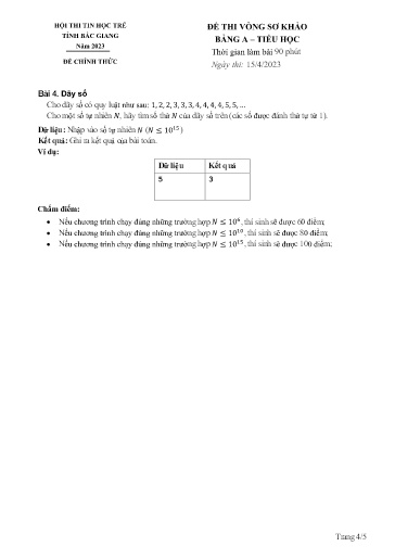 Đề thi Tin học trẻ Tiểu học vòng sơ khảo - Bảng A - Bài 4: Dãy số - Năm học 2023 - Sở GD&ĐT Bắc Giang