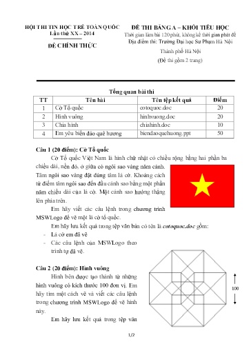 Đề thi Tin học trẻ toàn quốc Tiểu học - Bảng A - Năm học 2014