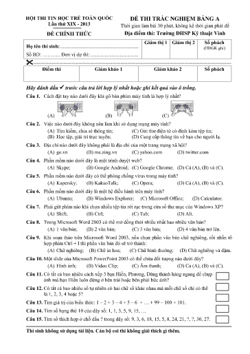 Đề thi Tin học trẻ toàn quốc Tiểu học - Bảng A - Phần: Lý thuyết - Năm học 2013